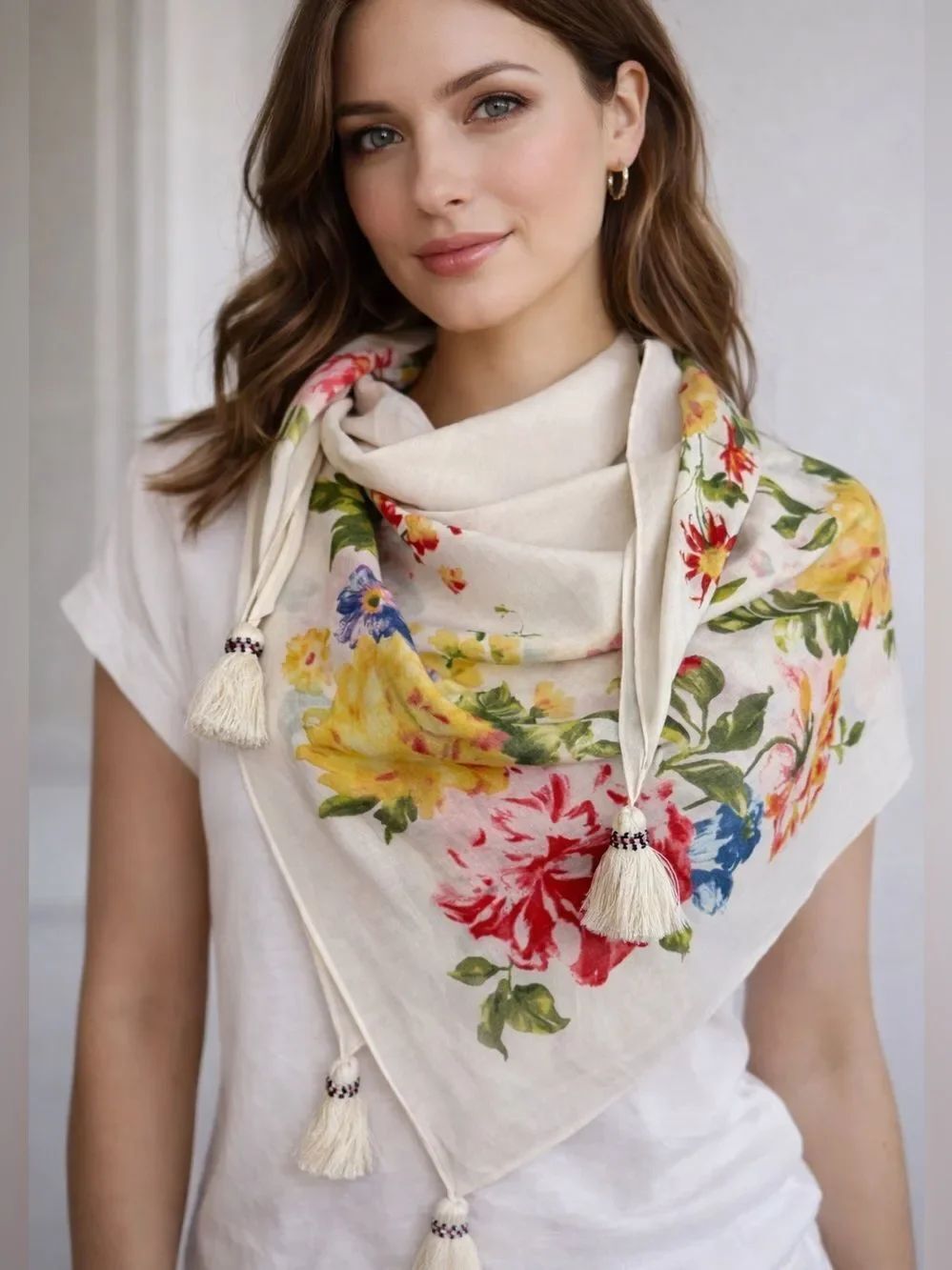 Floral Tassel Pareo Wrap Scarf Sarong Cream Boho Beach Cover Up Shawl